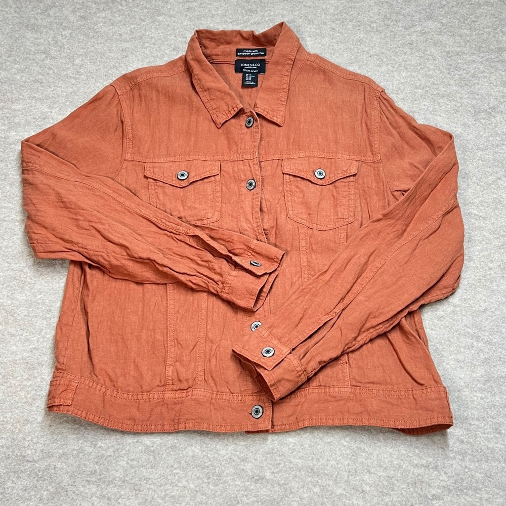 Jones & Co Jones New York 100% Linen Flax Trucker Jacket Terracotta Orange XL
